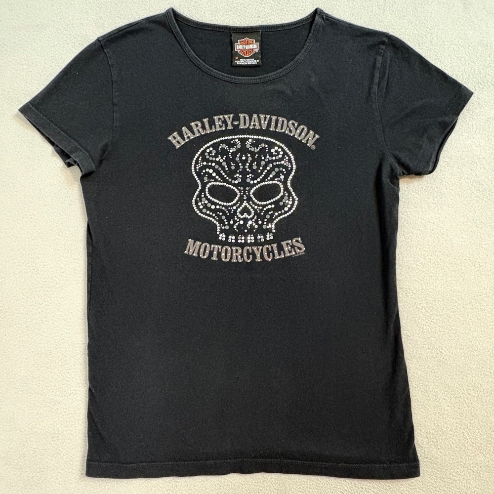 Harley Davidson Skull Rhinestone Black Tribal Bikercore T Shirt Womens Medium